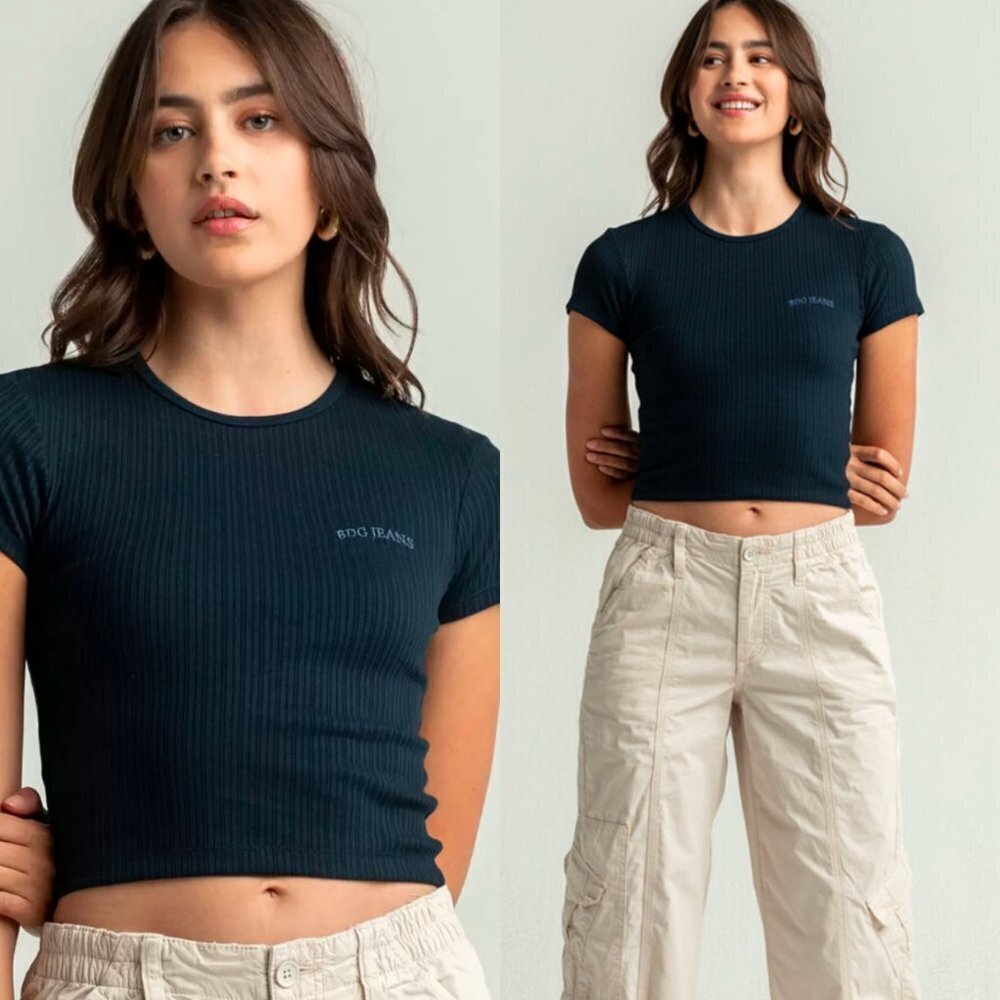 ☀️ URBAN OUTFITTERS BDG Jeans Womens Rib Baby Tee Navy Blue XS Casual Crop Top